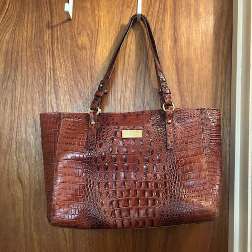 Brahmin Brown Croc Embossed Satchel Faux Leather Shoulder Bag with Gold Hardware